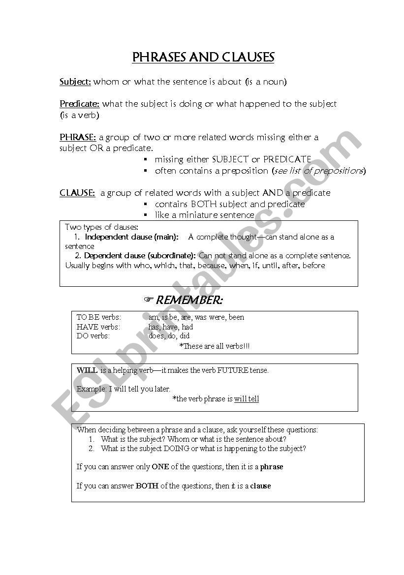 Phrases and Clauses review worksheet