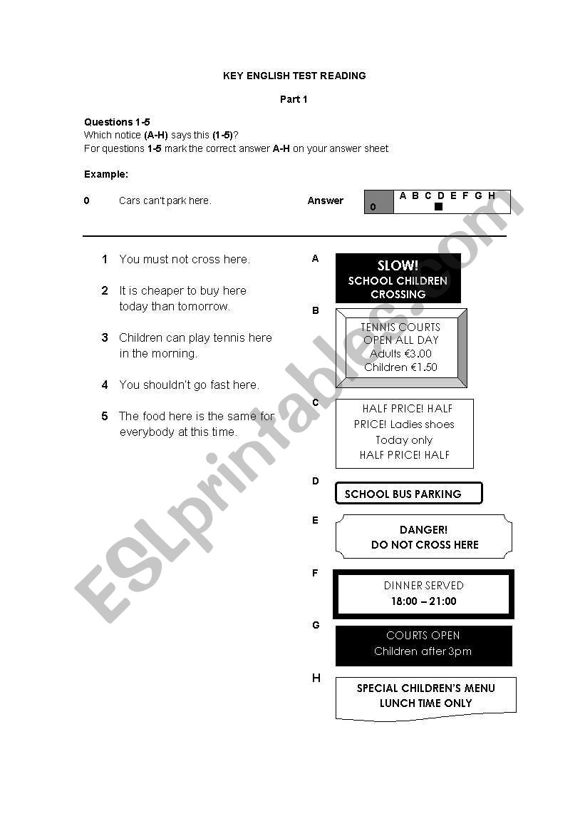 KET Reading Part 1 worksheet