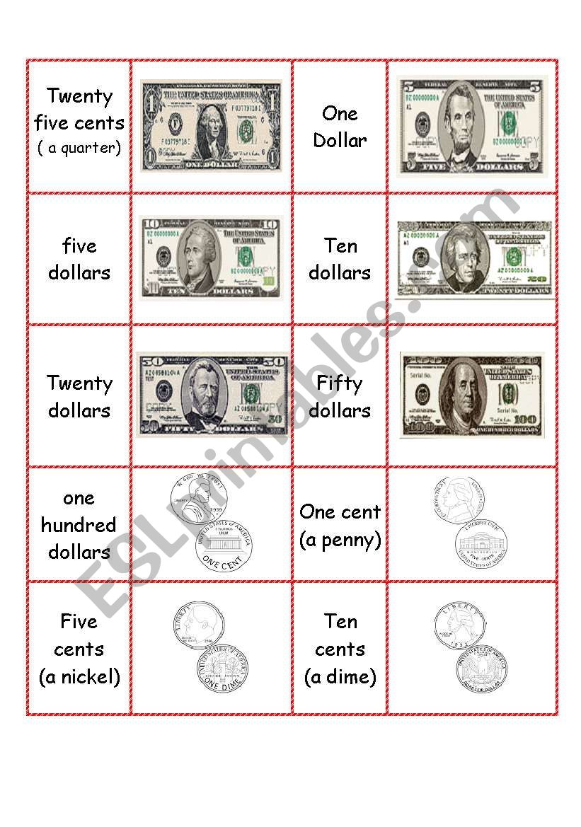 US coins and bills worksheet