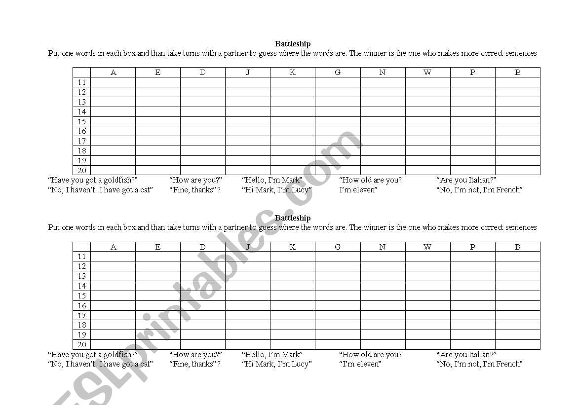 Battleship worksheet