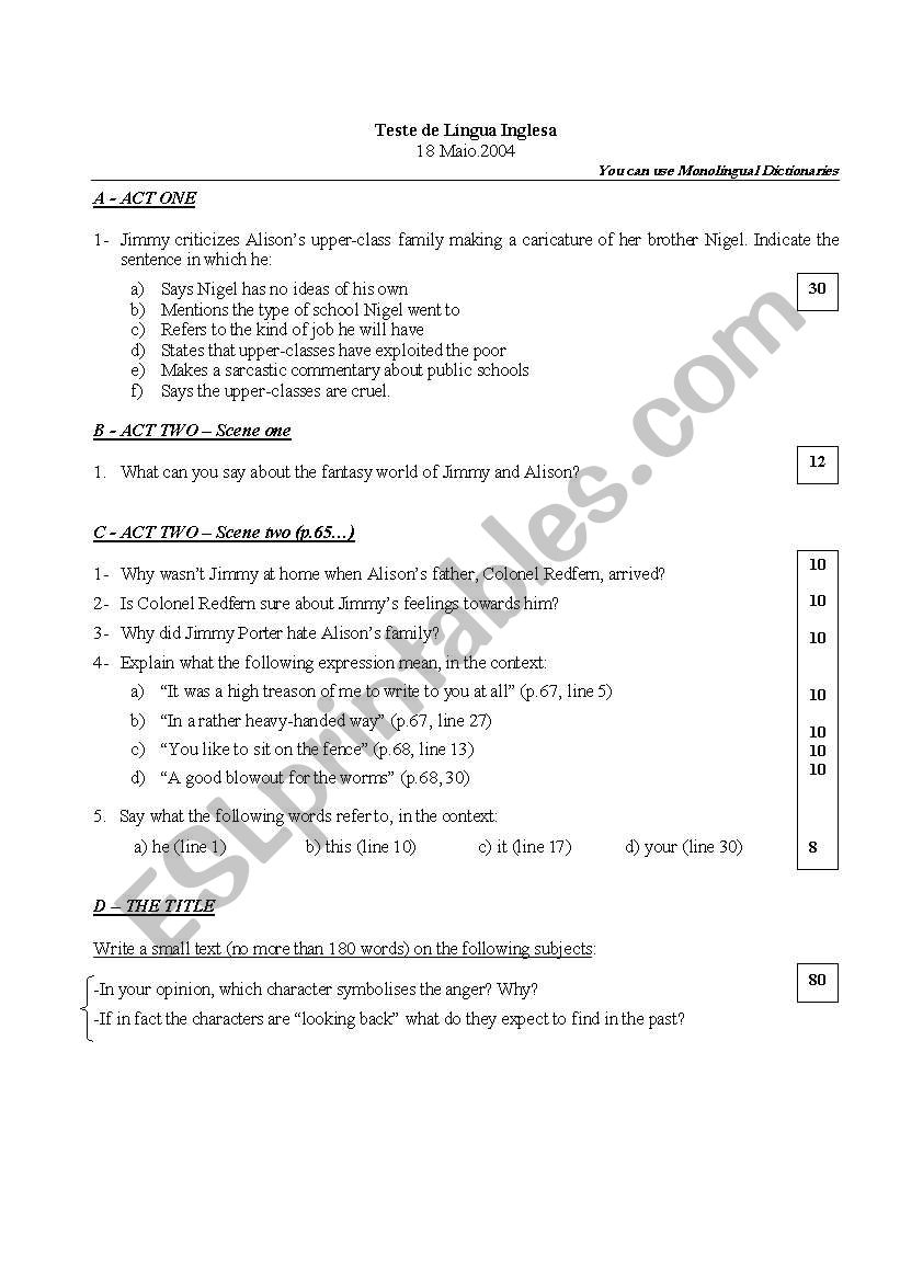 Look Back in Anger worksheet