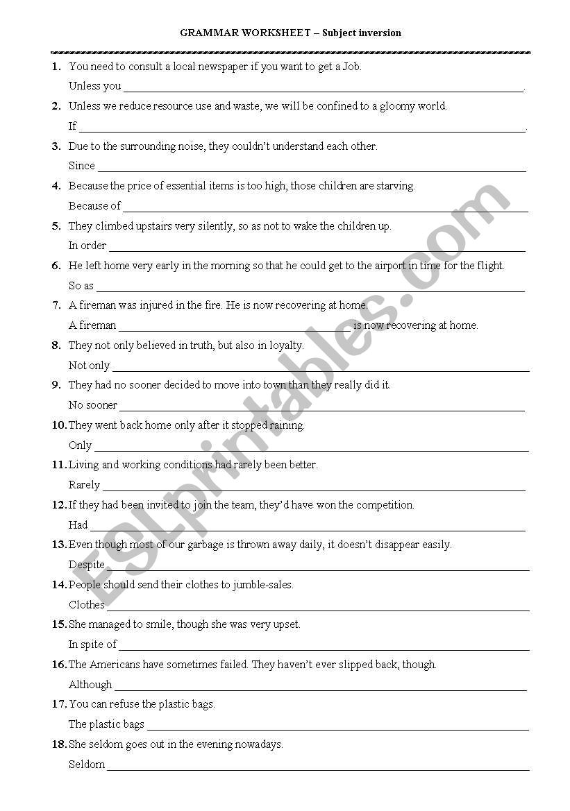 Subject Inversion worksheet