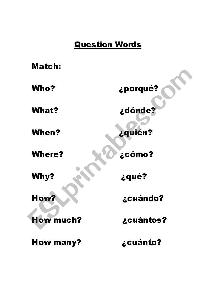 Question Words Match English/Spanish