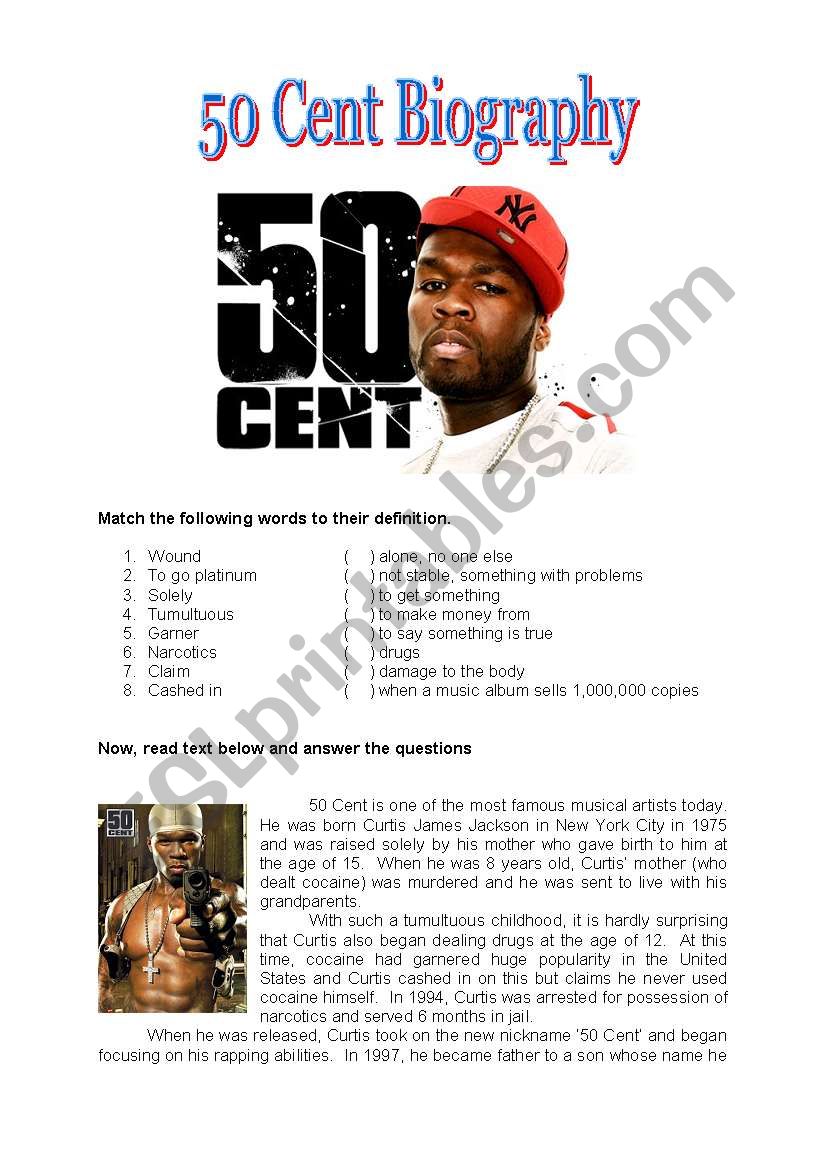 50 Cent biography: vocabulary and writing activities