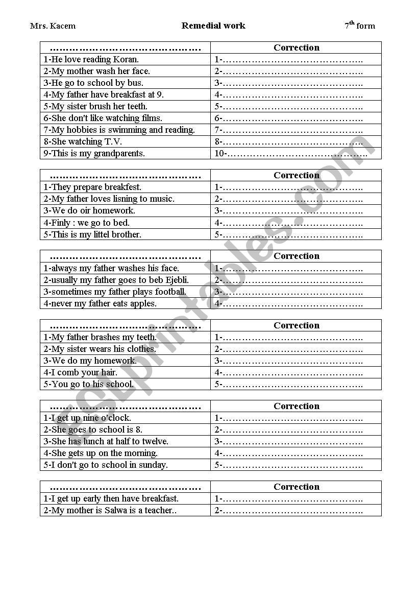 remedial work worksheet