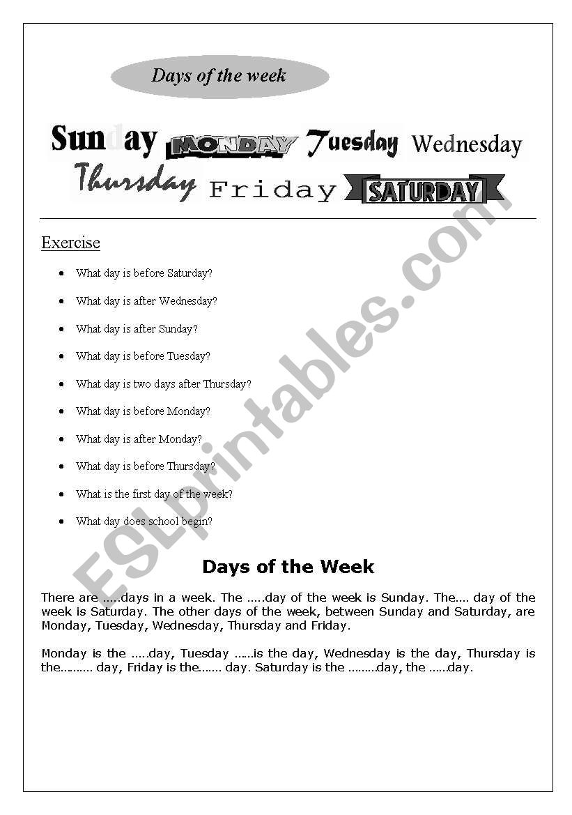 Days of the week worksheet