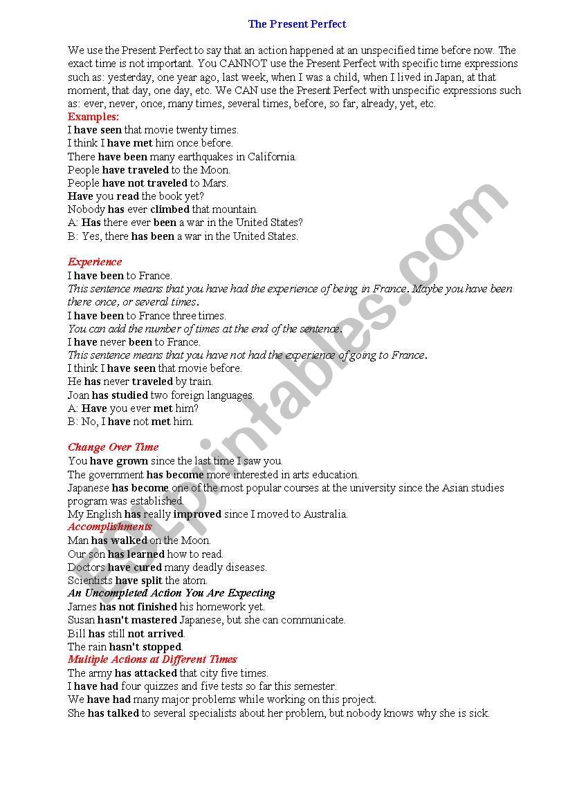 The present perfect worksheet