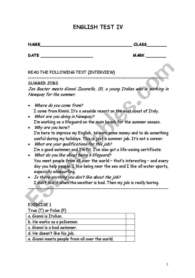 English test IV worksheet