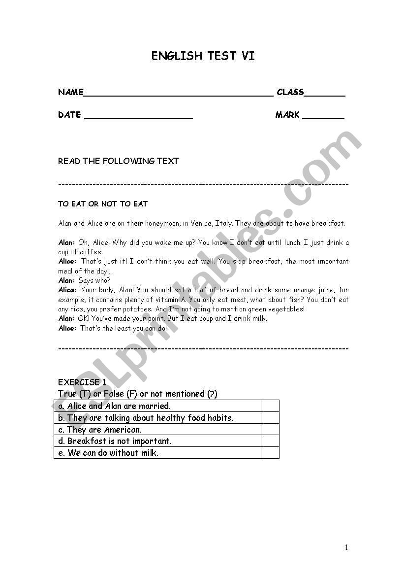 English Test VI worksheet