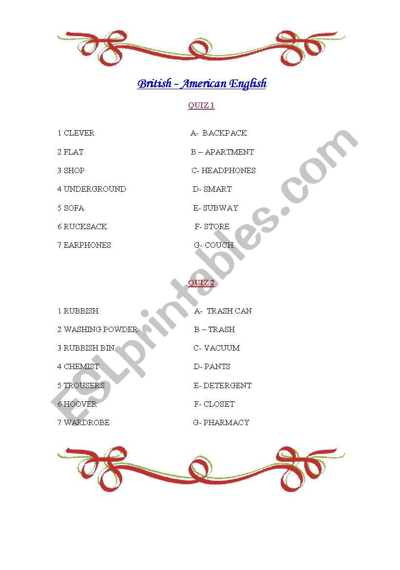 Excellent  practice on British and American English differences in vocabulary