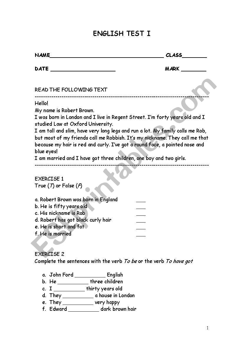 English Test I worksheet