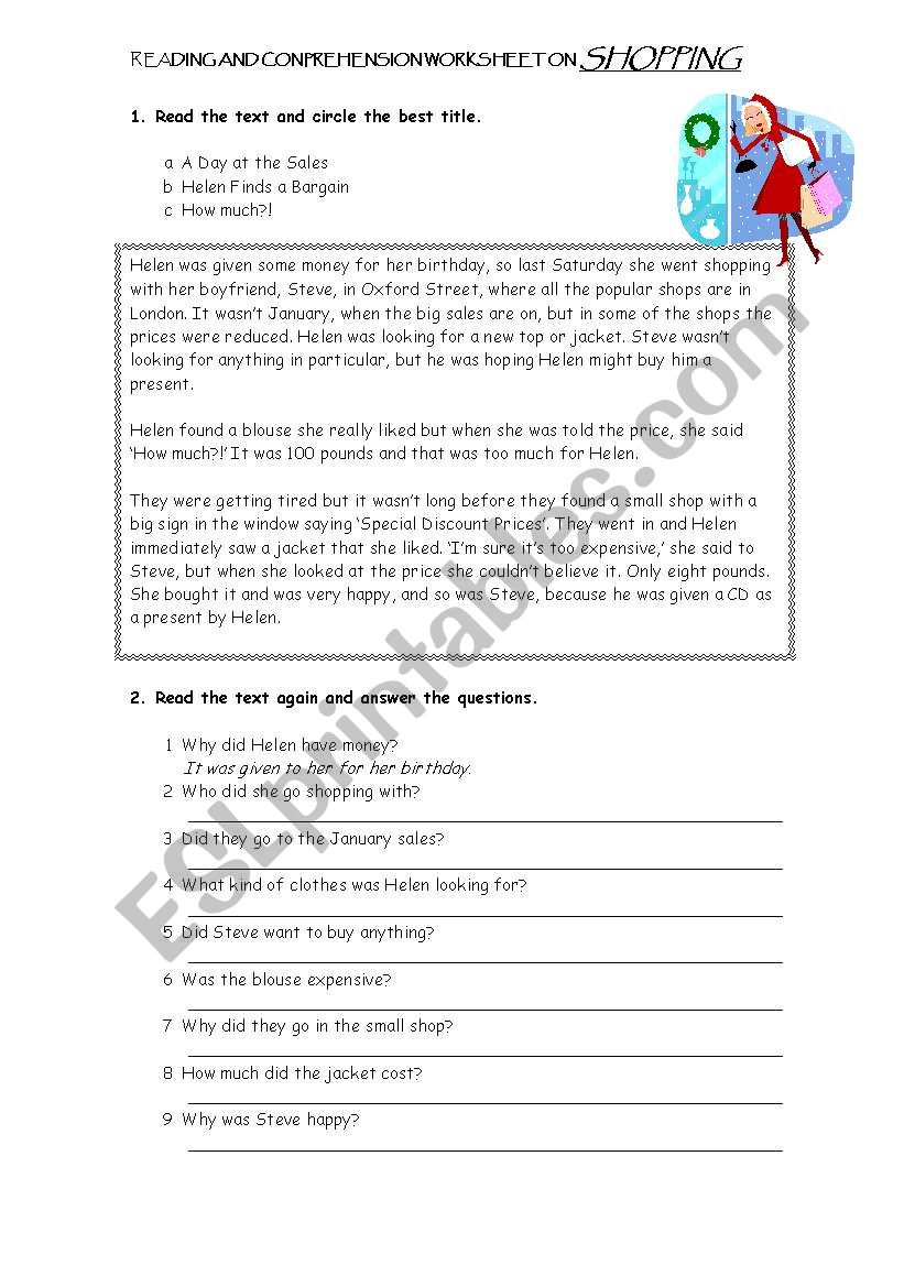 Shopping - a reading and comprehension worksheet