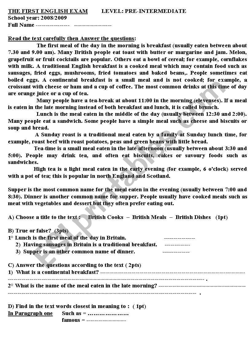 test for intermediate sdutens worksheet