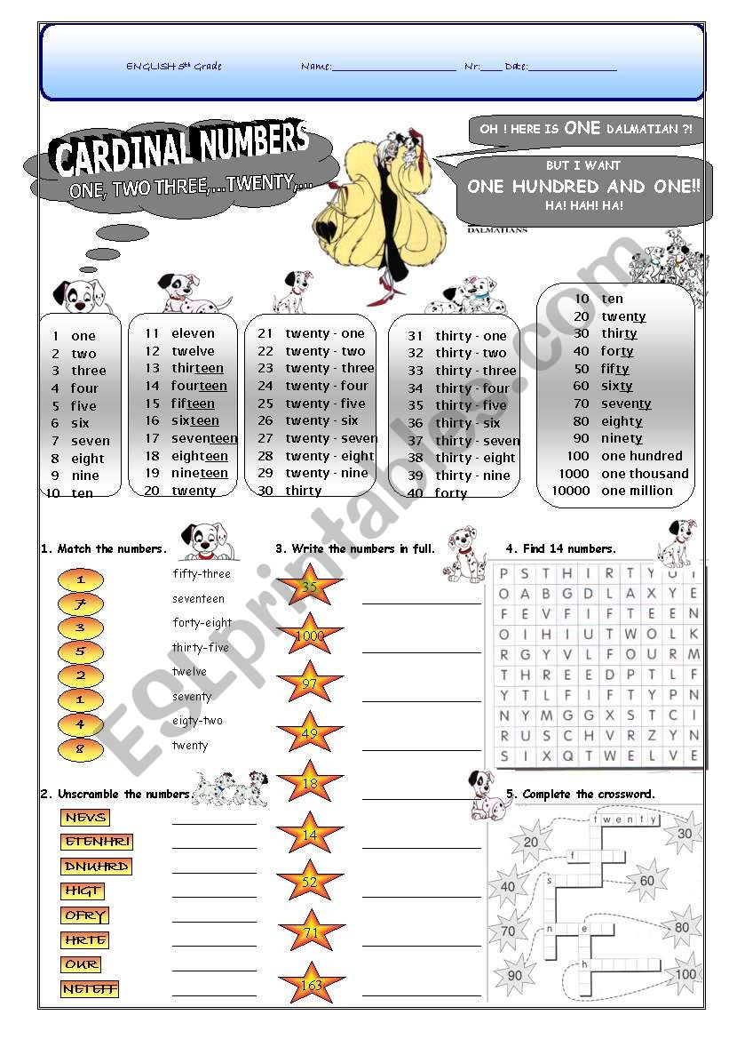 Cardinal Numbers Esl Worksheet By Sos