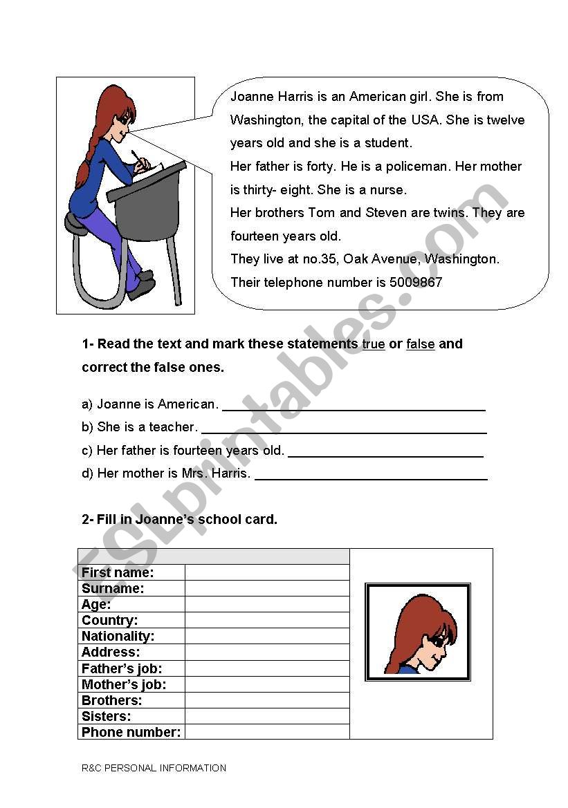 Personal information worksheet