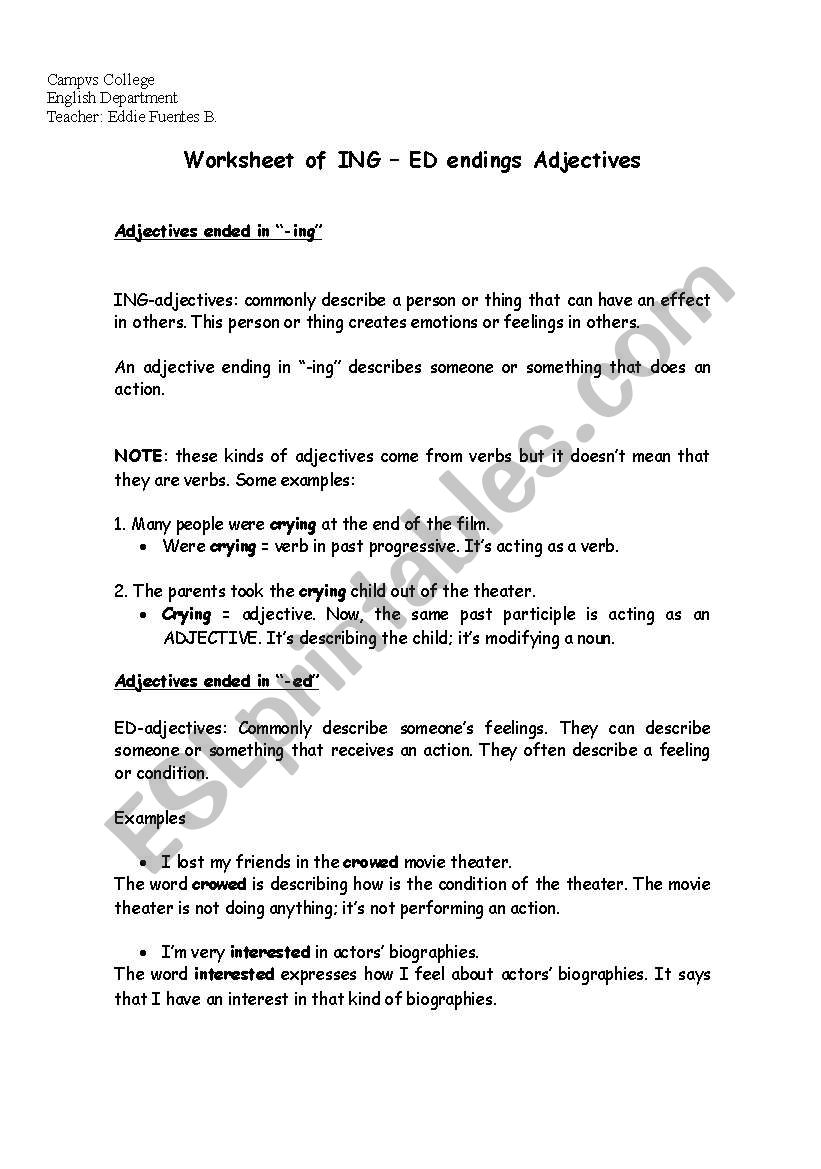 Worksheet for ED ING adjectives