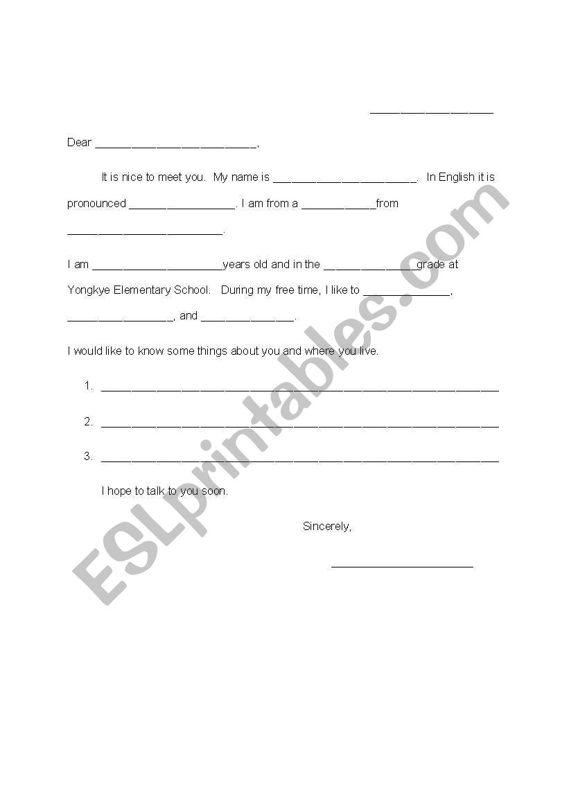 Pen Pal Template worksheet