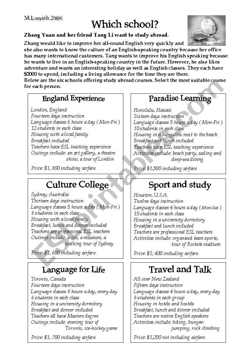 Which School? worksheet