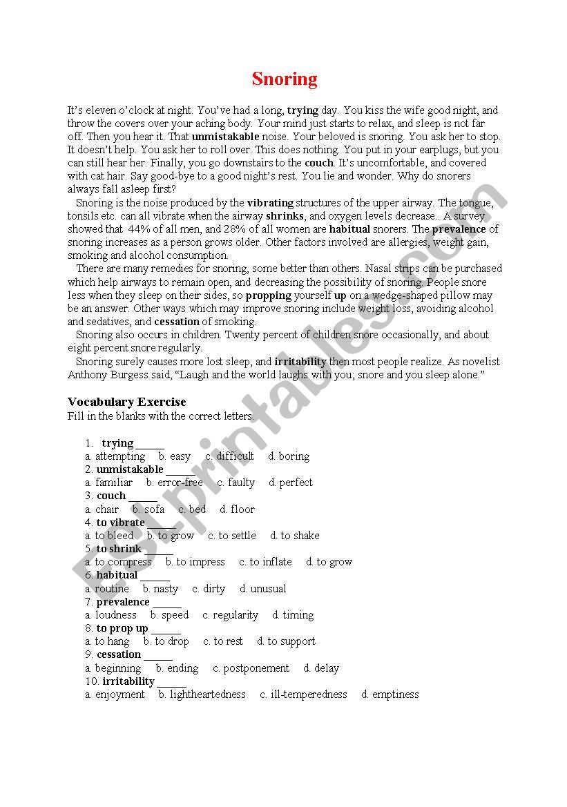 Snoring with answer key  worksheet