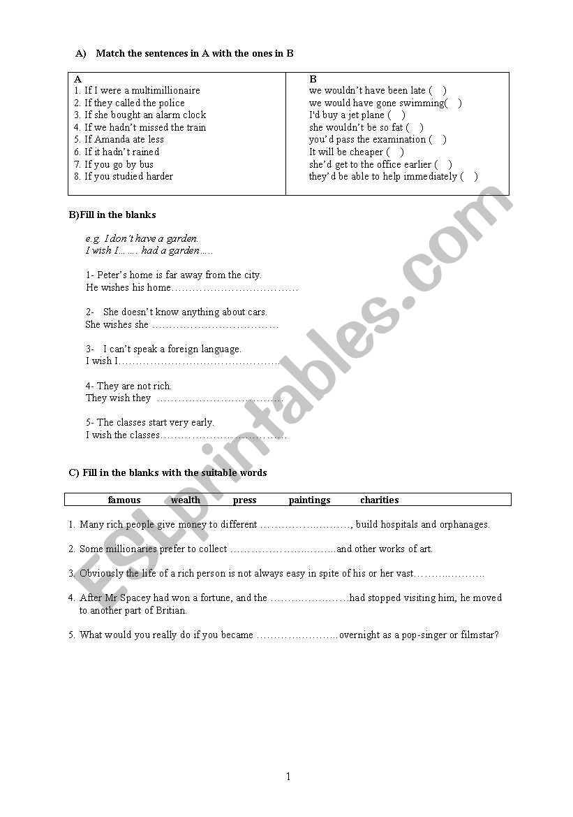 a worksheet on if clauses/wish clauses 