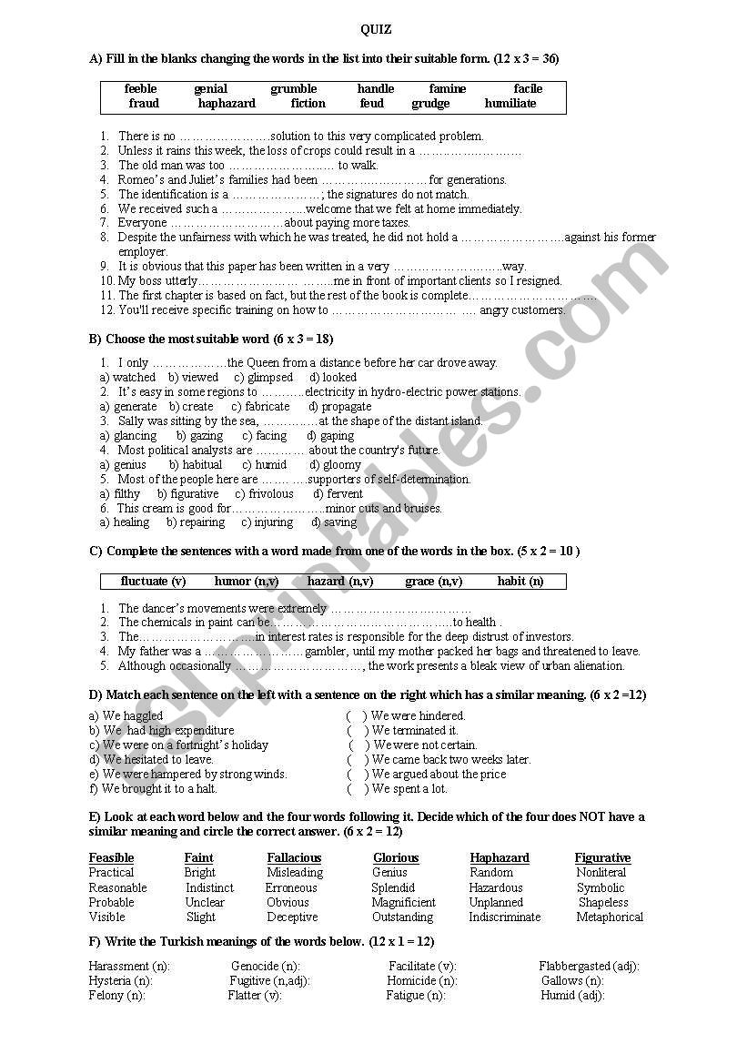 a general vocabulary quiz  worksheet