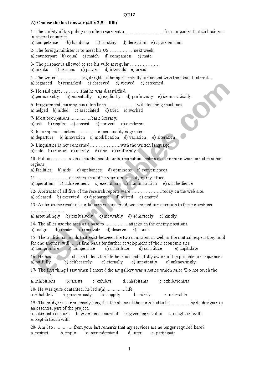 a multiple choice test  worksheet