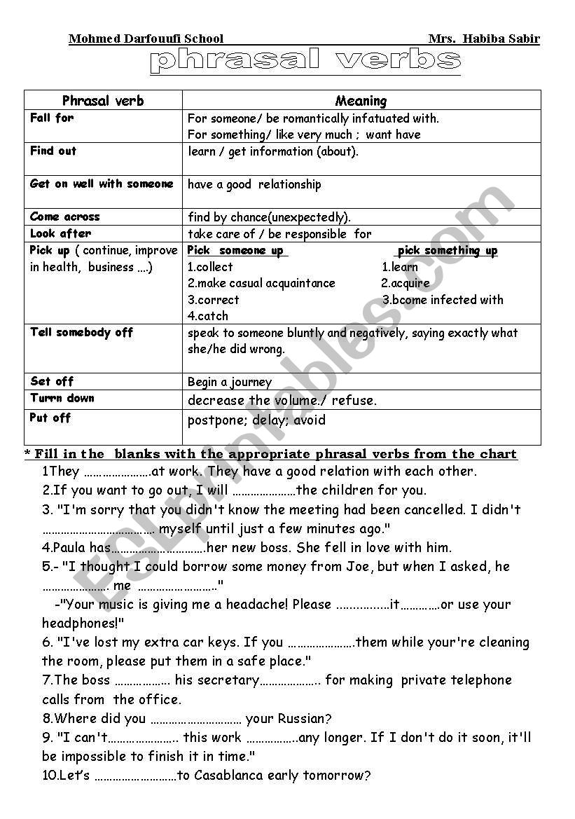 useful Phrasal verbs worksheet