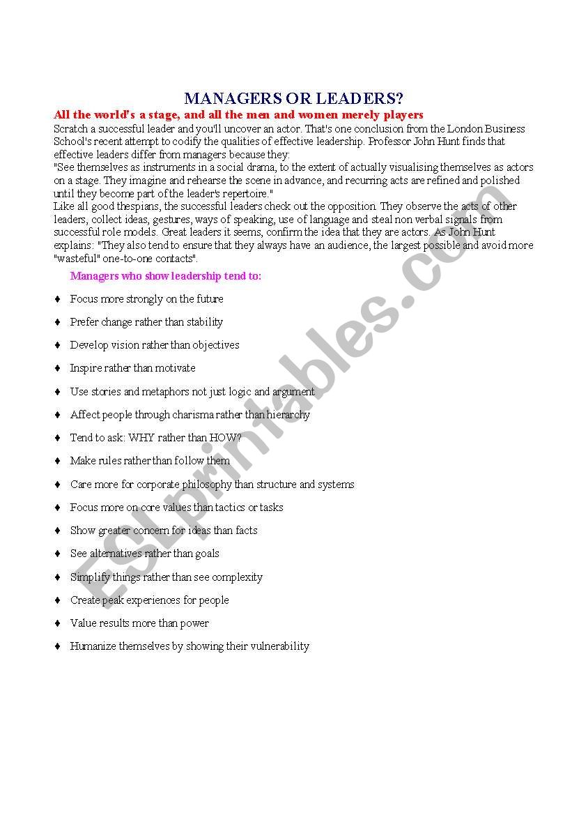 Managers or leaders worksheet