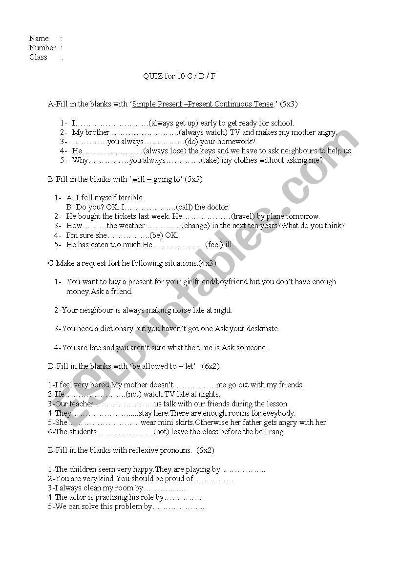 10th class quiz worksheet