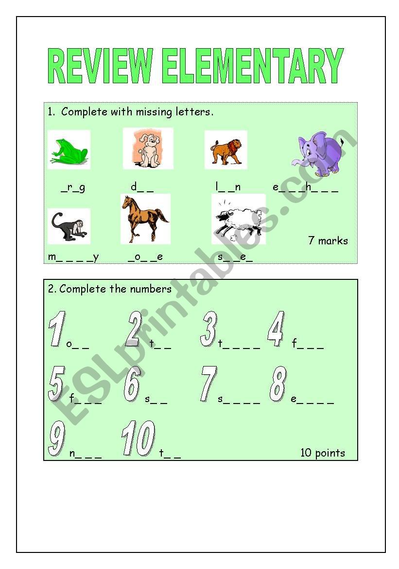 test for kids (animals, numbers, colours) 2 pages