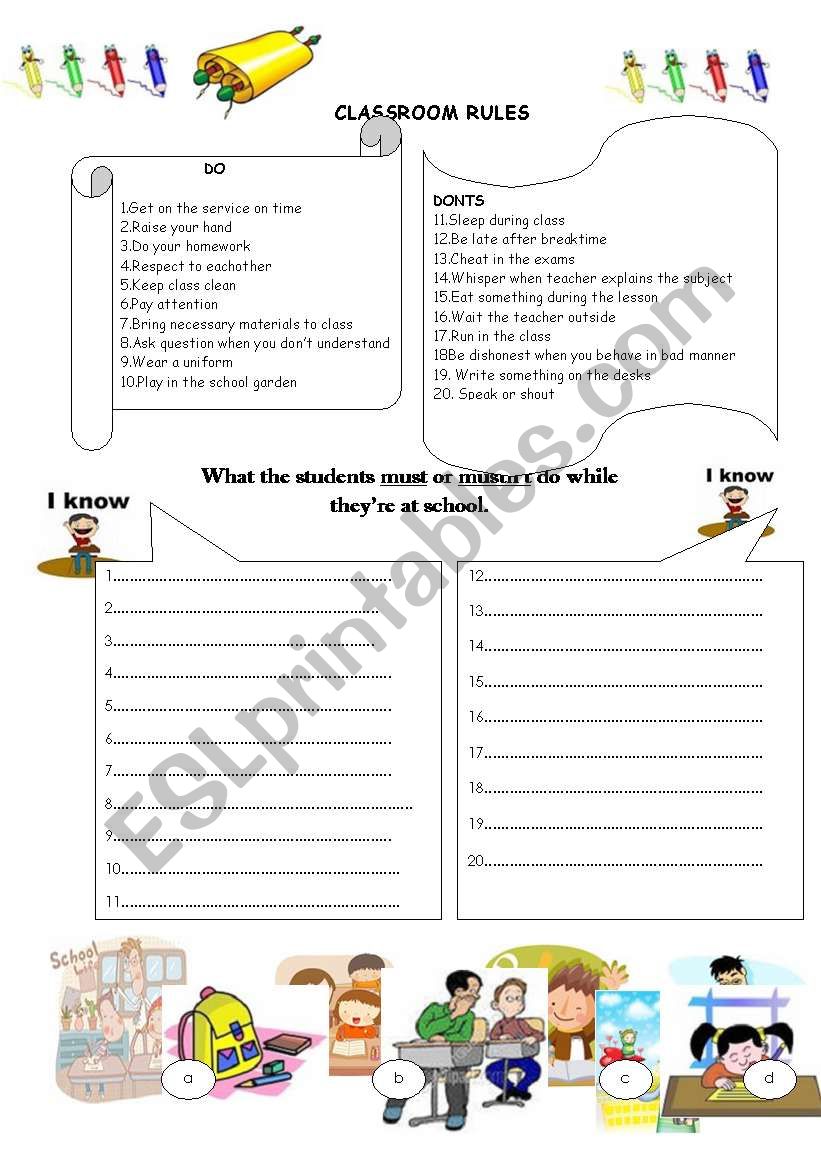 Classroom rules+MUST-MUSNT worksheet