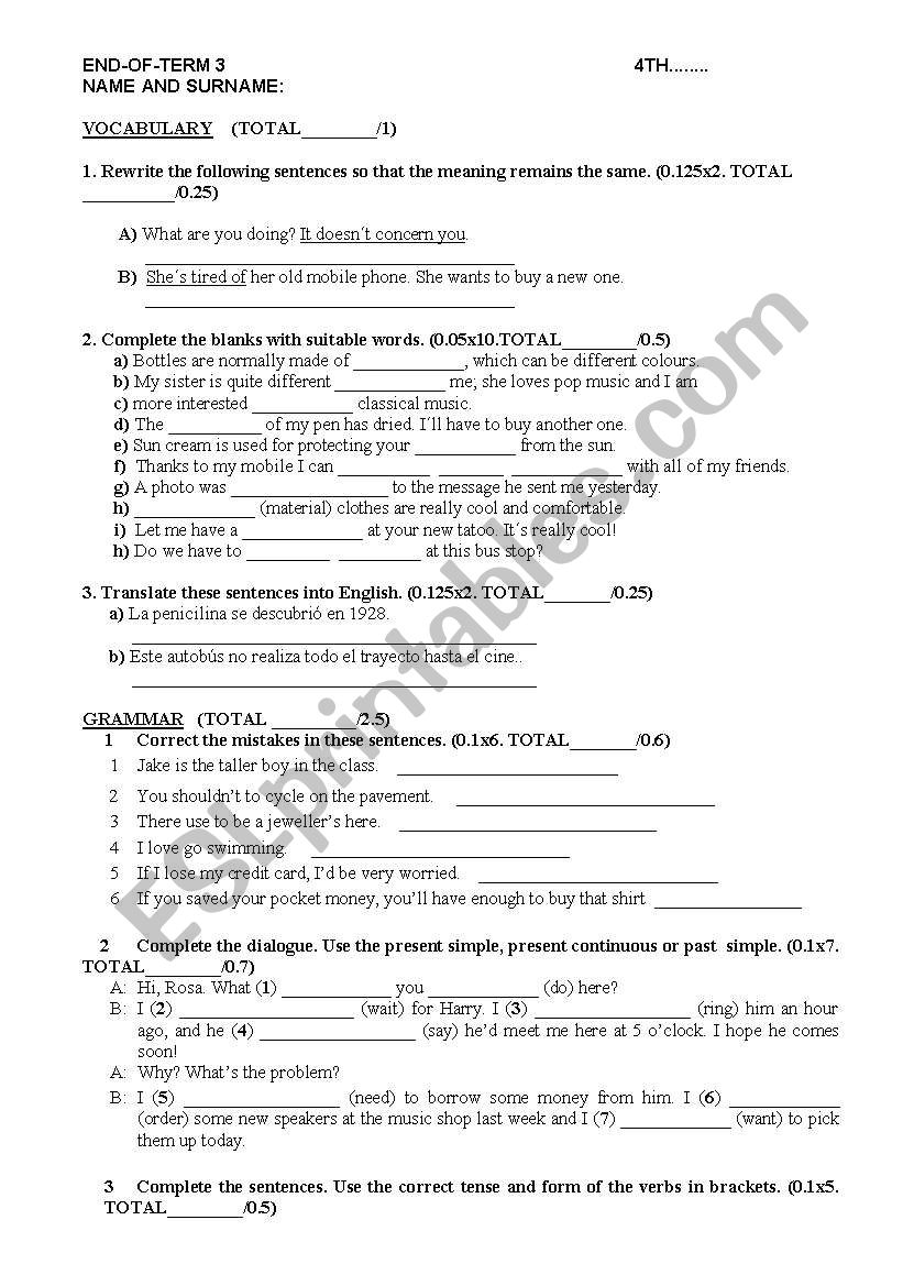 exam 4th eso end of term 3 worksheet