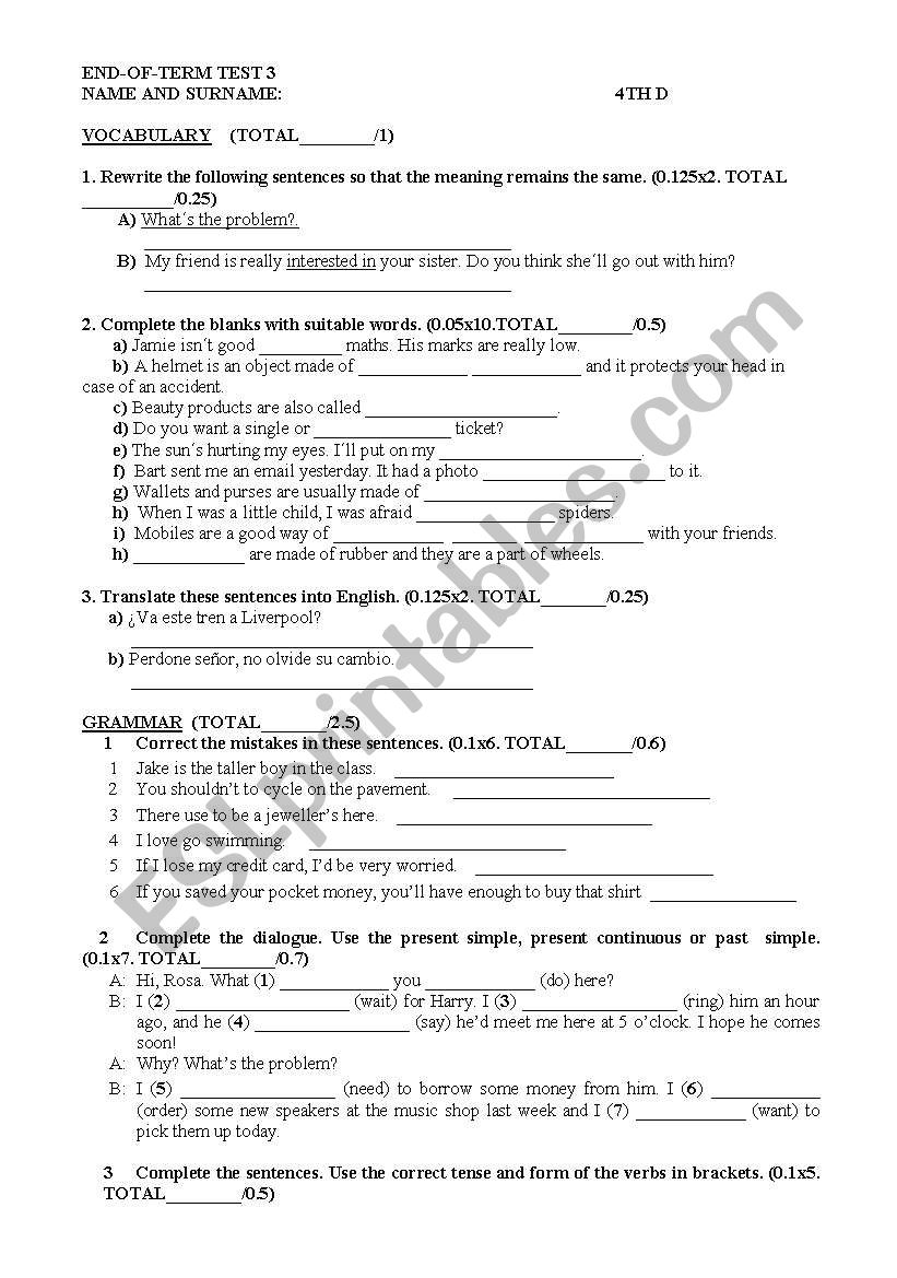 exam 4th eso worksheet