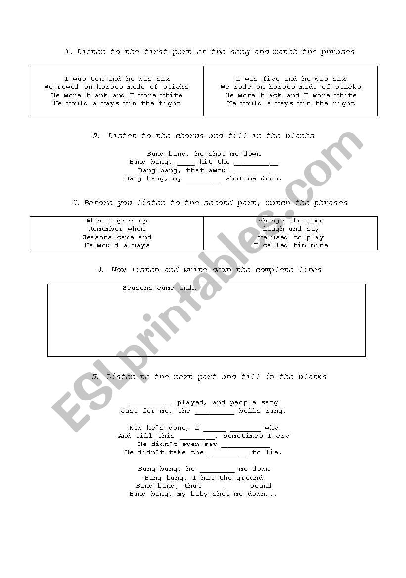 Bang Bang worksheet