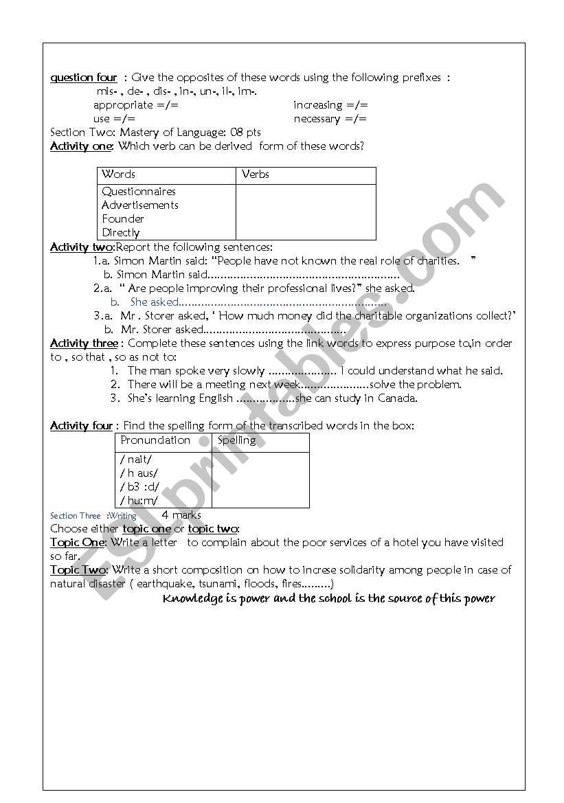 exam worksheet