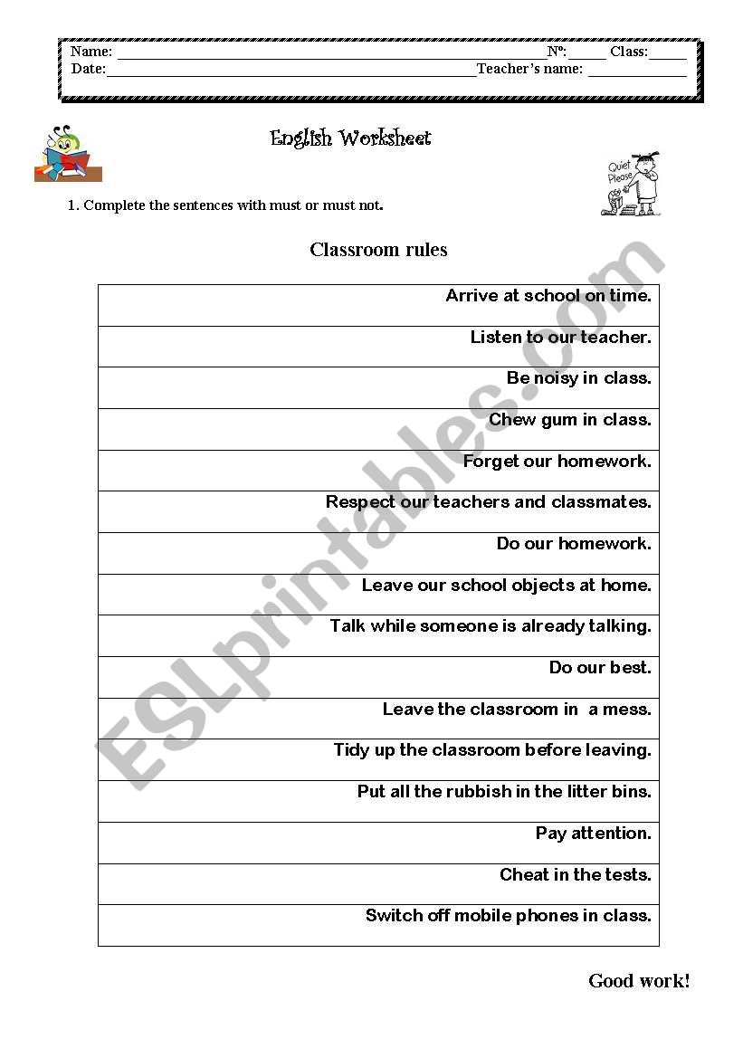 Classroom rules worksheet