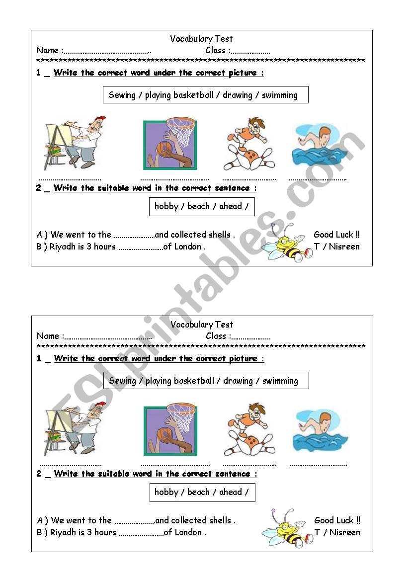 vocab test worksheet