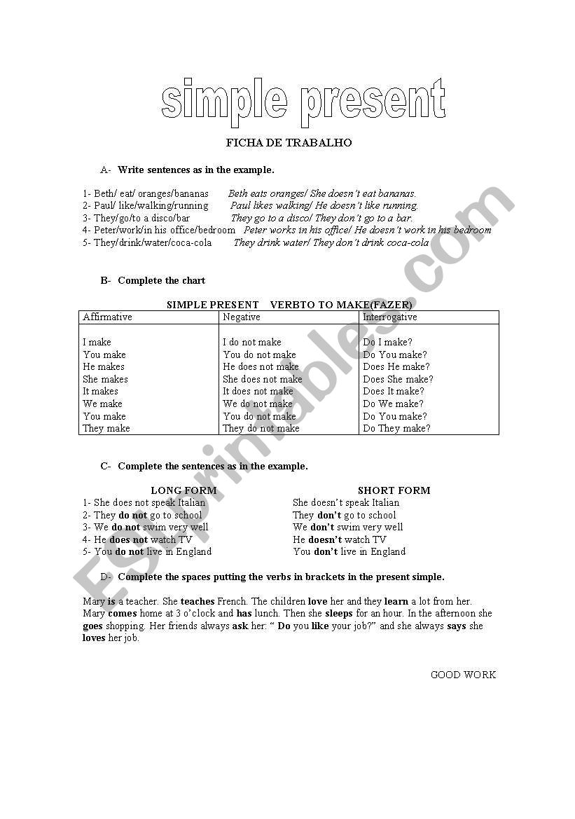 worksheet on the simple present of the verbs