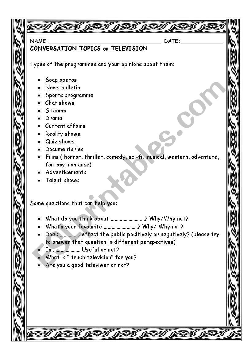 conversation topics on TV - ESL worksheet by bburcu
