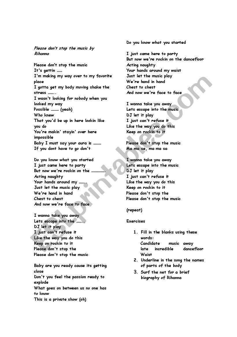 Dont stop the music, Rihanna worksheet