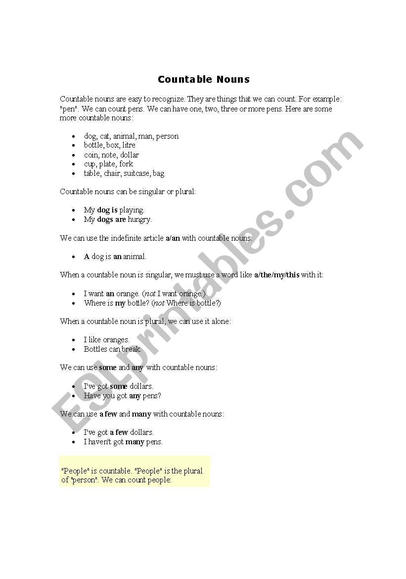 Countable nouns worksheet