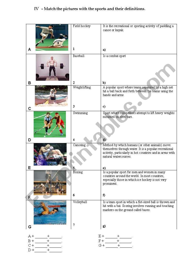 Sports worksheet