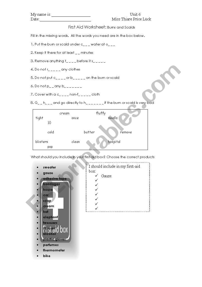 first aid worksheet