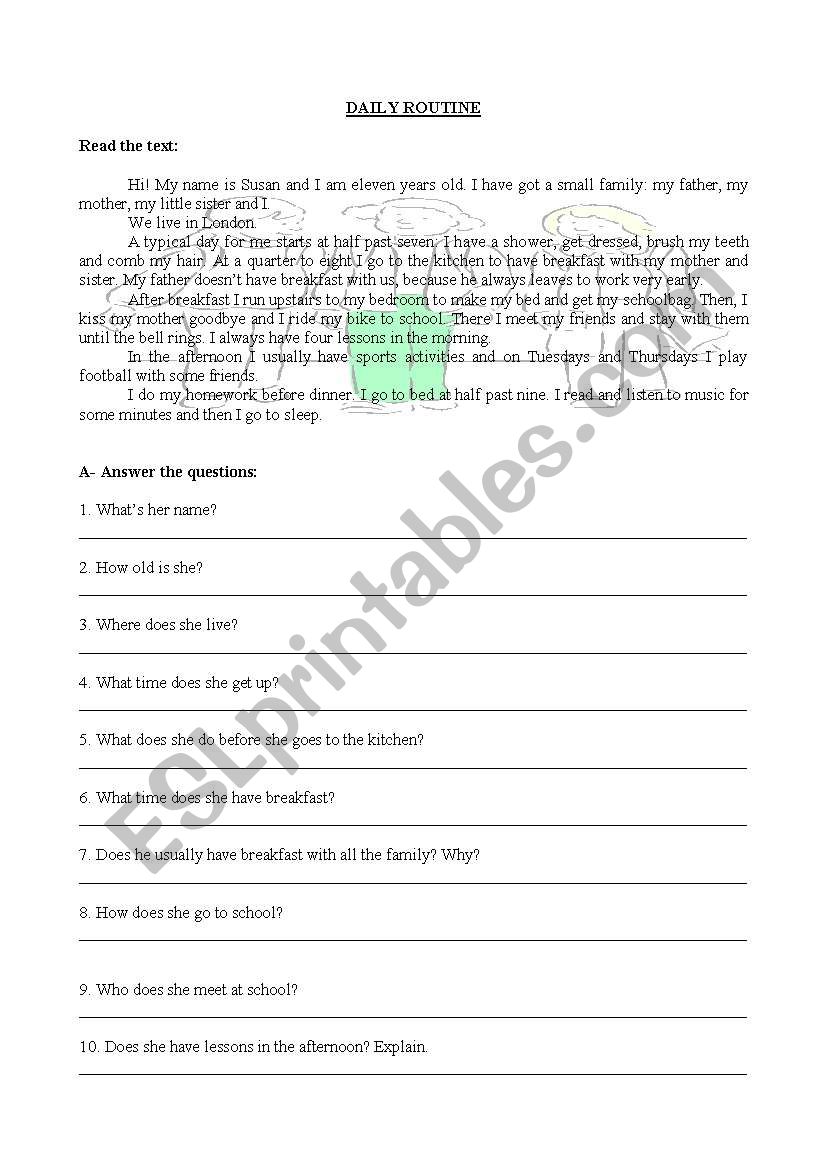 Daily routine worksheet