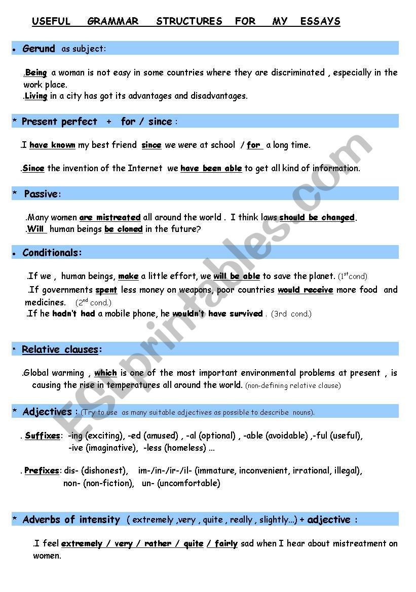 WRITING: USEFUL GRAMMAR STRUCTURES  FOR MY ESSAYS