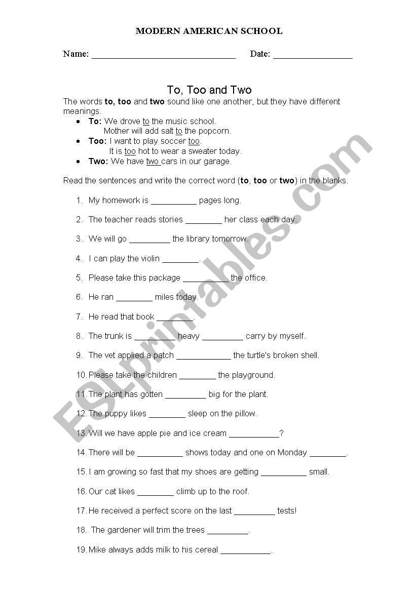 to, too and two - ESL worksheet by flutter_by Pertaining To To Too Two Worksheet