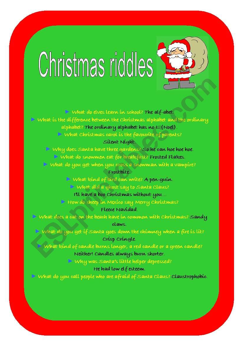 Christmas riddles - ESL worksheet by Noelica