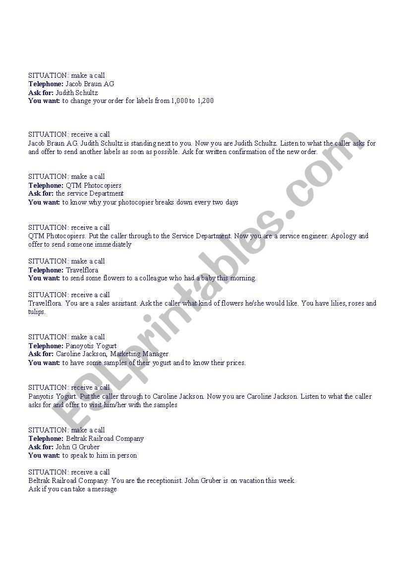 Phone calls situations worksheet