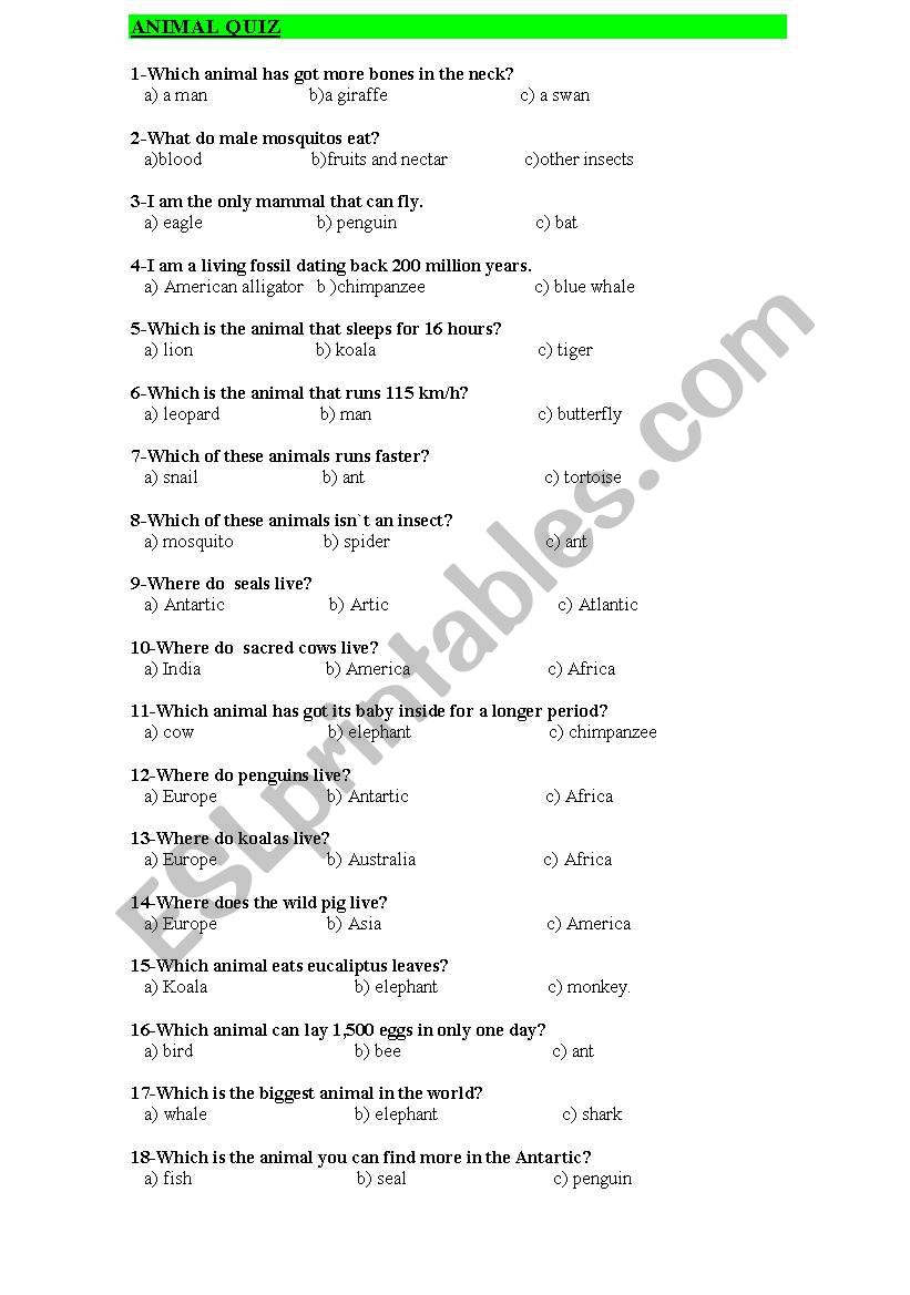 QUIZ ON ANIMALS worksheet