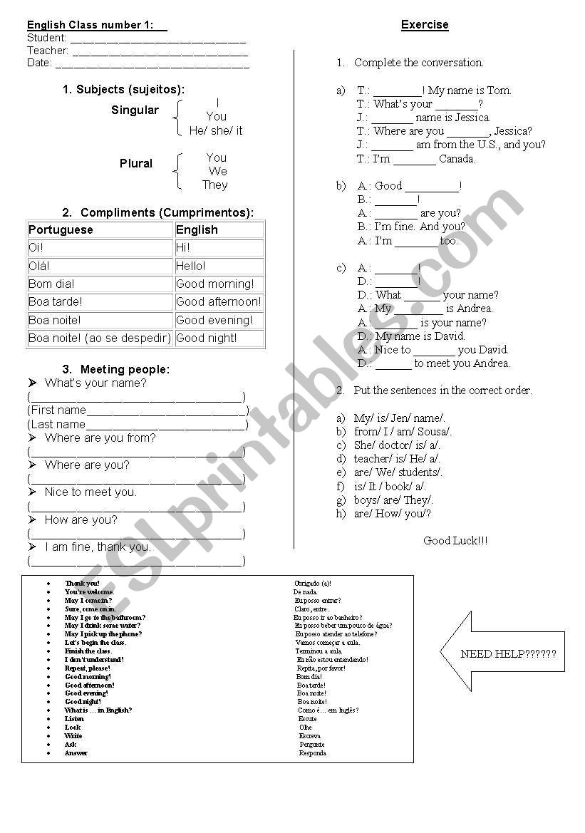 Iniciation class worksheet